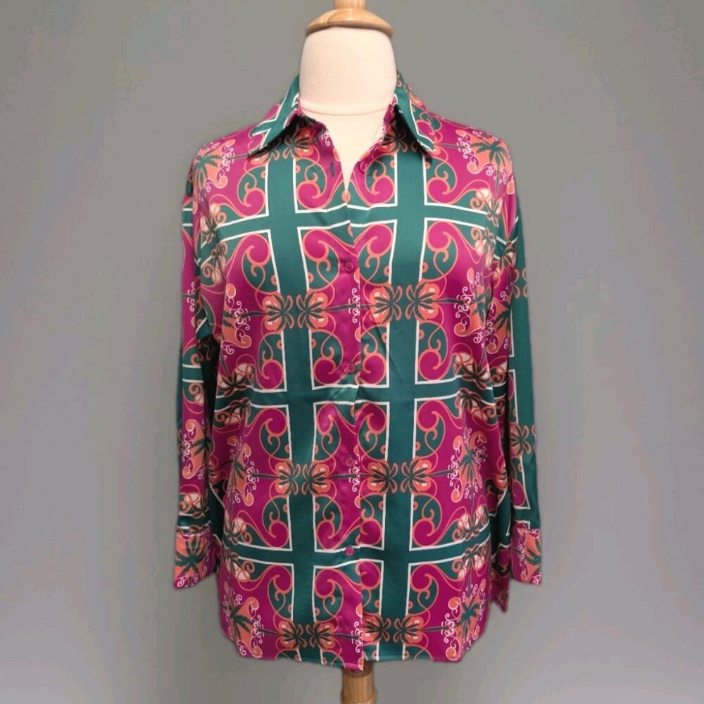 INTEMPO Pink Green Tropical Print Satin Top Size 2X